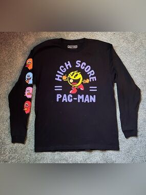 Pac-Man Black Long Sleeve Graphic T-Shirt Ghost Sleeves Size 18